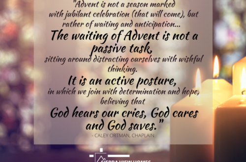 "Advent is not a season marked with jubilant celebration (that will come), but rather of waiting and anticipation...The waiting of Advent is not a passive task, sitting around distracting ourselves with wishful thinking. It is an active posture, in which we join with determination and hope, believing that God hears our cries, God cares and God saves." - Caley Ortman, chaplain