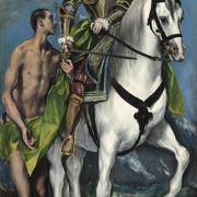 Saint Martin and the Beggar (El Greco), a painting by the Greek mannerist painter El Greco, painted c. 1597–1599 - a man on a horse looking down at a man covered in leaves.