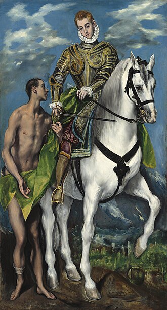 El_Greco_-_San_Martín_y_el_mendigo Saint Martin and the Beggar (El Greco), a painting by the Greek mannerist painter El Greco, painted c. 1597–1599 - a man on a horse looking down at a man covered in leaves.
