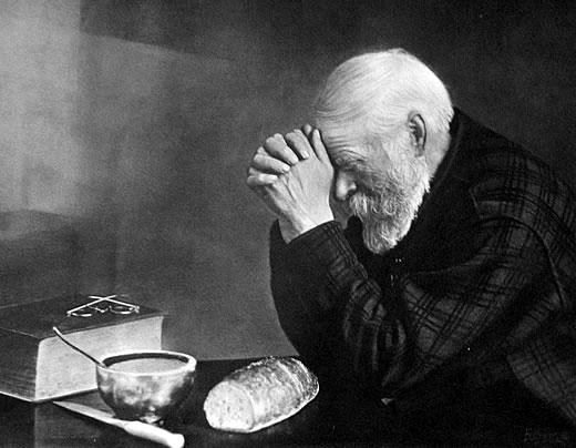 Eric_Enstrom_-_Grace_-_bw Grace is a photograph by Eric Enstrom. It depicts an elderly man (named Charles Wilden) with hands folded, saying a prayer over a table with a simple meal.